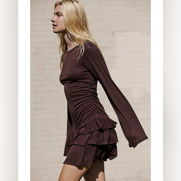 Free People Good Feels Ruffle Long-Sleeve Mini Dress Aubergine Brown Size Small - Picture 2 of 4